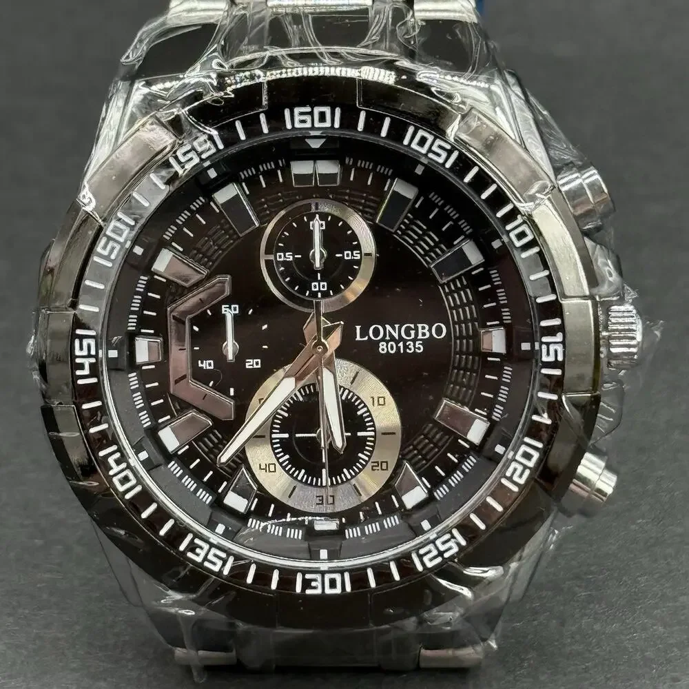 Longbo 80135 Men's Quartz Chronograph 12-Hour Black Dial Silver Steel Watch